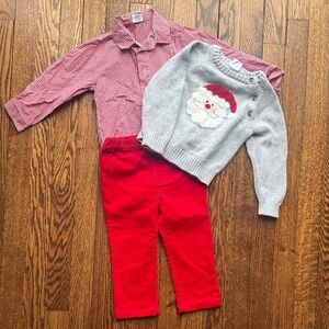 Festive Red Checkered Shirt and Gray Santa Sweater Set